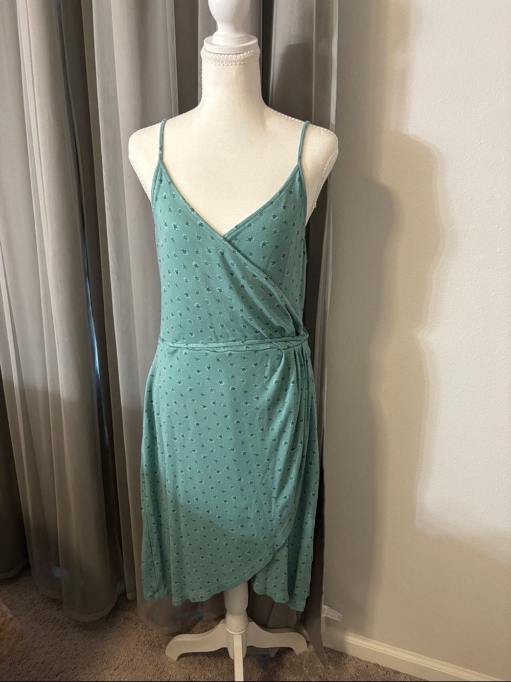 41 Hawthorn Teal Green Spaghetti Strap Wrap Midi Dress